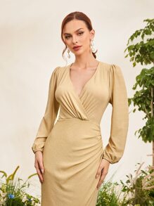 SHEIN Belle Váy phù dâu Trọn gói màu trơn Hấp dẫn - Vàng - Xem 3
