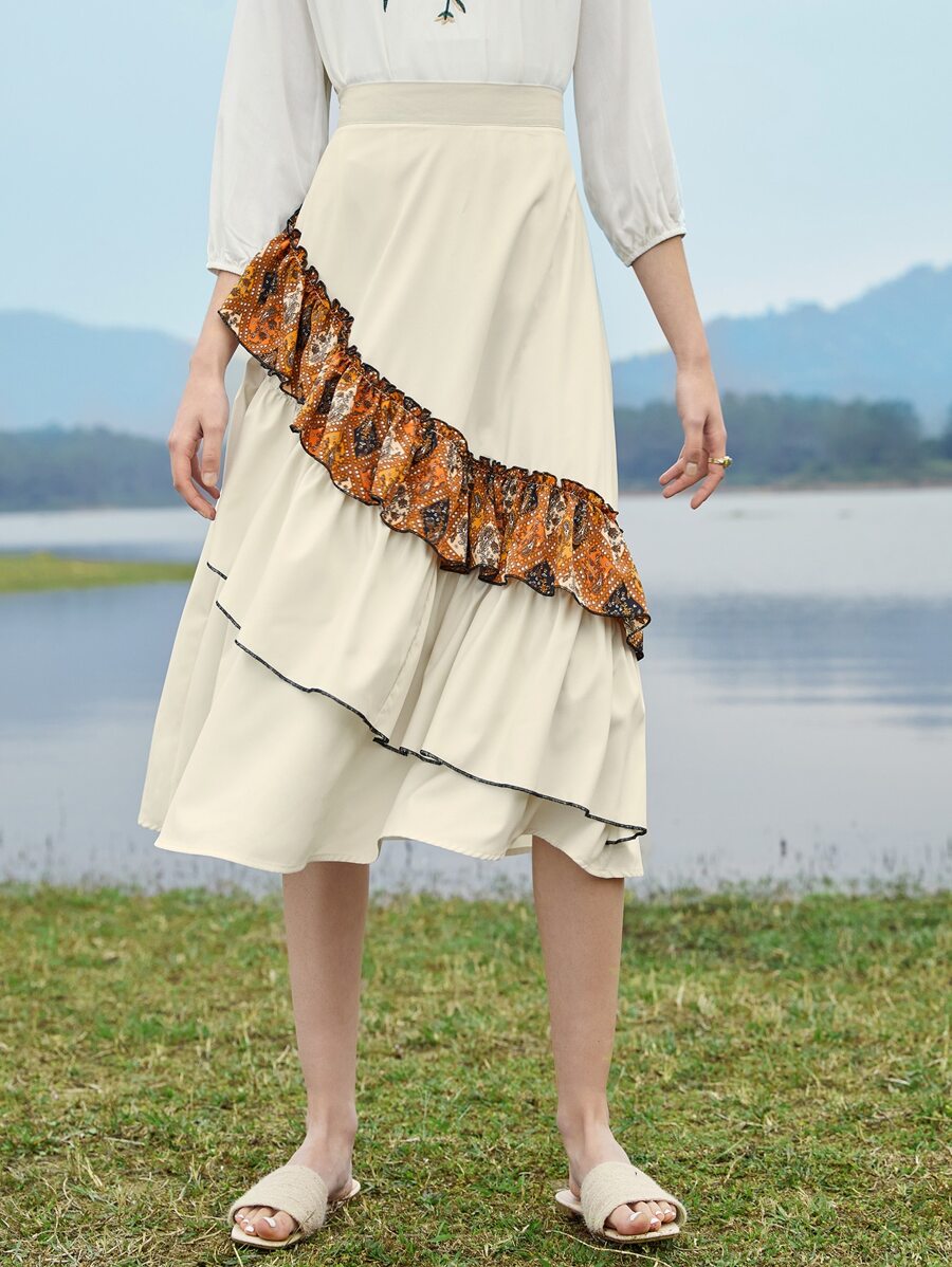 SHEIN VCAY Scarf Print Ruffle Trim Skirt - Beige - View 1