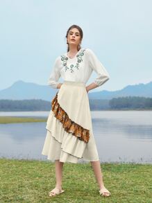 SHEIN VCAY Scarf Print Ruffle Trim Skirt - Beige - View 3