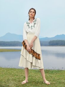 SHEIN VCAY Scarf Print Ruffle Trim Skirt - Beige - View 4