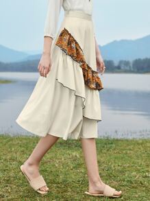 SHEIN VCAY Scarf Print Ruffle Trim Skirt - Beige - View 5