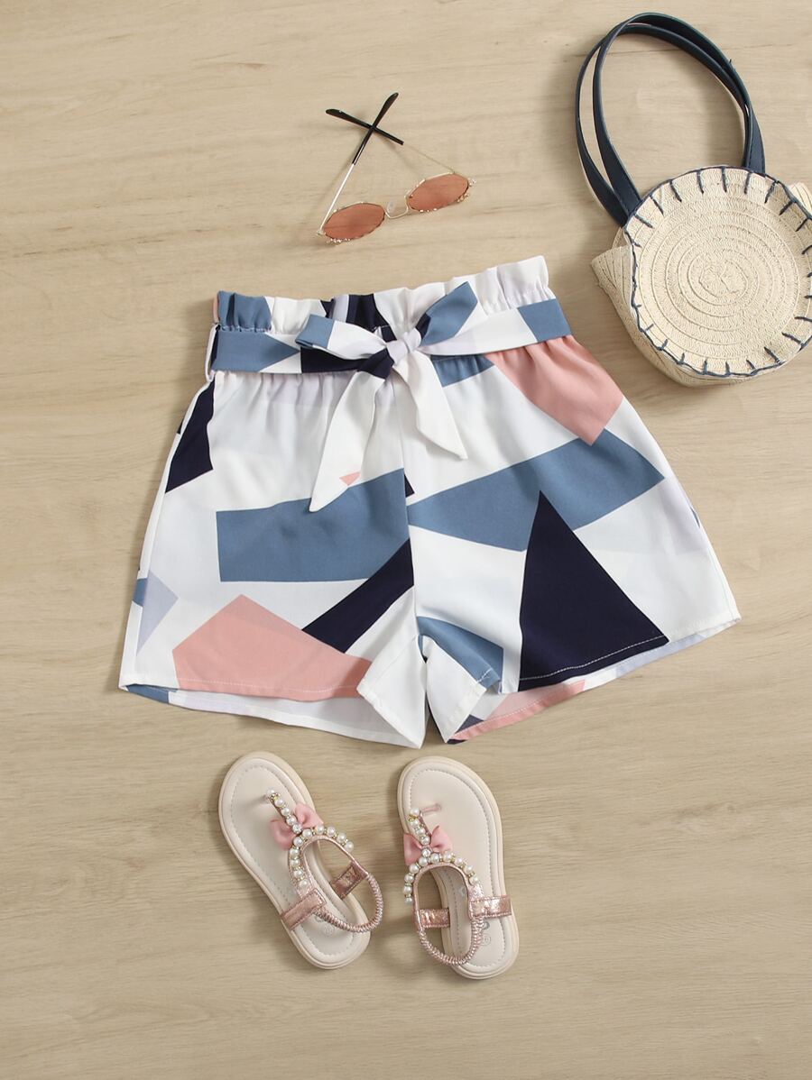 SHEIN Quần Short Gái Thắt lưng Quần paper-bag Khối Màu Hình học Boho - Nhiều màu - Xem 1