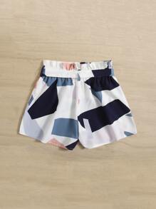 SHEIN Quần Short Gái Thắt lưng Quần paper-bag Khối Màu Hình học Boho - Nhiều màu - Xem 2