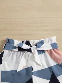 SHEIN Quần Short Gái Thắt lưng Quần paper-bag Khối Màu Hình học Boho - Nhiều màu - Xem 4