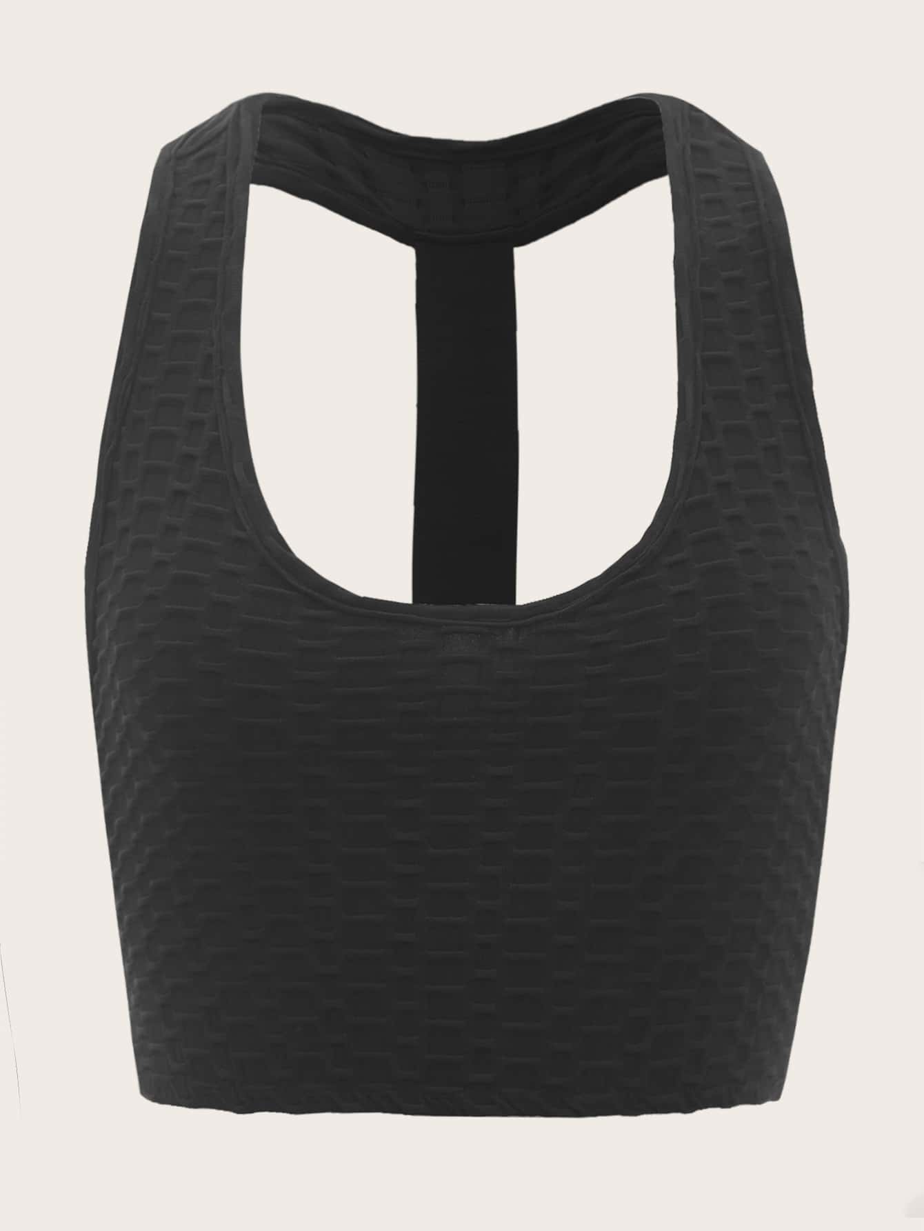 蜂窩紋理標語織帶短款背心 - 黑色 - 查看 1