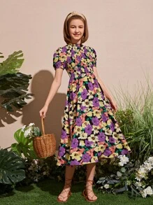 SHEIN Đầm Gái Nút Dải chun Hoa Tất cả trên in Boho - Nhiều màu - Xem 1