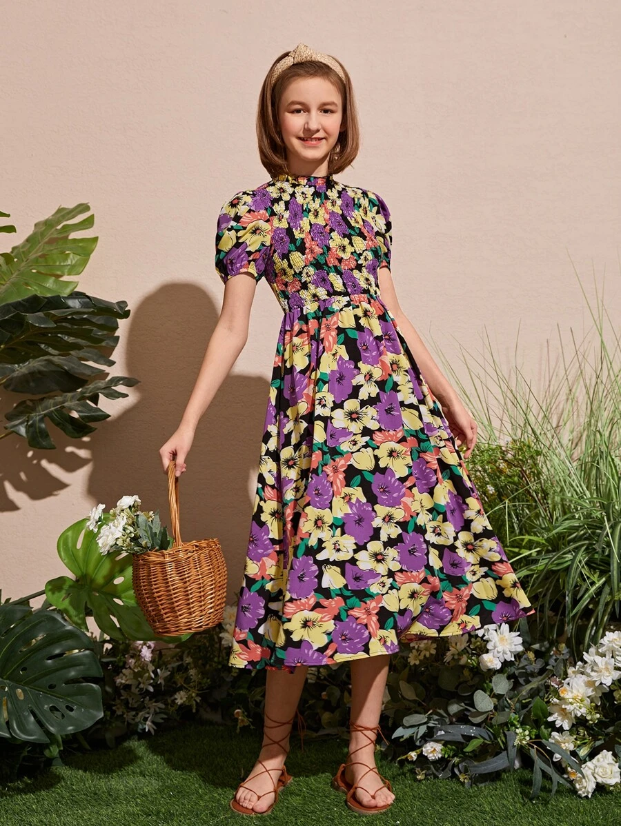 SHEIN Đầm Gái Nút Dải chun Hoa Tất cả trên in Boho - Nhiều màu - Xem 1