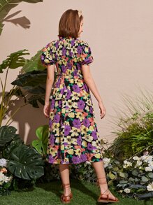 SHEIN Đầm Gái Nút Dải chun Hoa Tất cả trên in Boho - Nhiều màu - Xem 2