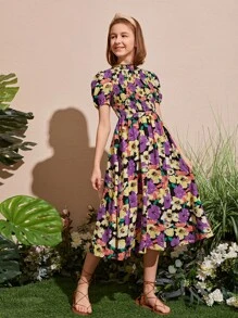 SHEIN Đầm Gái Nút Dải chun Hoa Tất cả trên in Boho - Nhiều màu - Xem 3