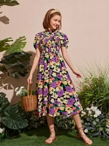 SHEIN Đầm Gái Nút Dải chun Hoa Tất cả trên in Boho - Nhiều màu - Xem 4