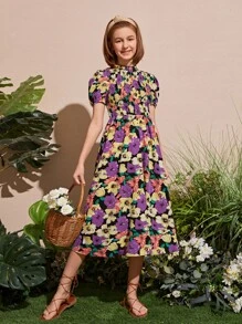 SHEIN Đầm Gái Nút Dải chun Hoa Tất cả trên in Boho - Nhiều màu - Xem 5