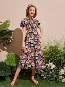 SHEIN Đầm Gái Nút Dải chun Hoa Tất cả trên in Boho - Nhiều màu - Xem 6