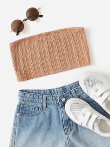 SHEIN Tween Girl Cable Knit Tube Top - Apricot - View 1