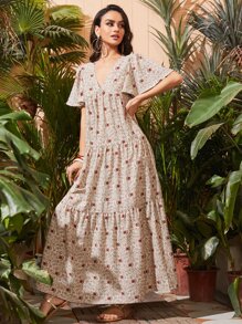 SHEIN V-neck Flutter Sleeve Paisley Dress - Multicolor - View 1