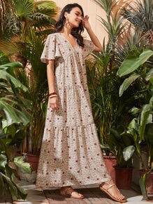 SHEIN V-neck Flutter Sleeve Paisley Dress - Multicolor - View 3