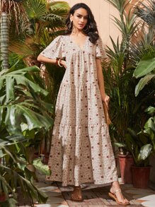 SHEIN V-neck Flutter Sleeve Paisley Dress - Multicolor - View 4