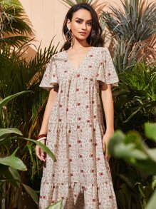 SHEIN V-neck Flutter Sleeve Paisley Dress - Multicolor - View 5