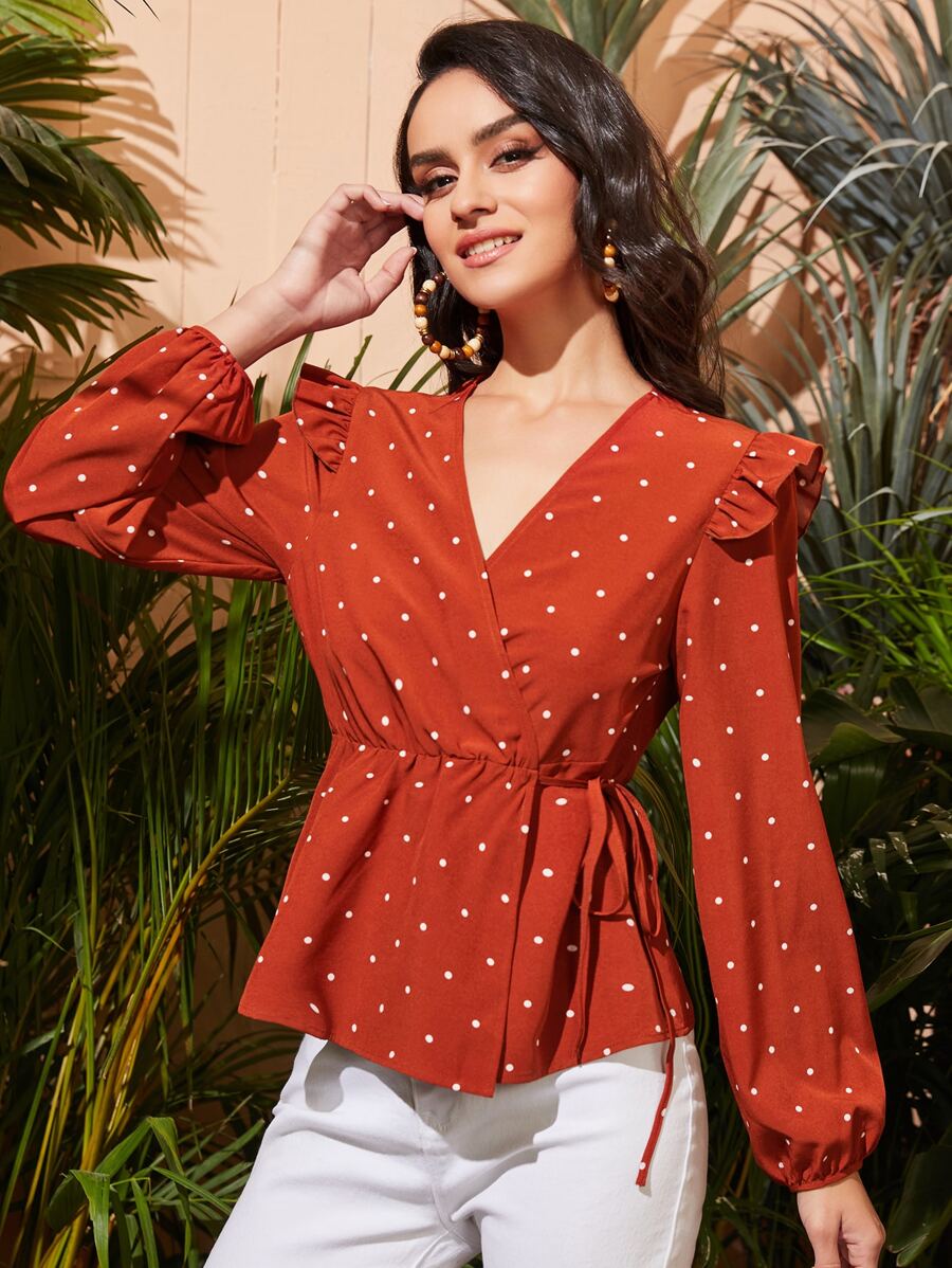 SHEIN 波點圖案側打結荷葉邊上衣 - 紅色 - 查看 1