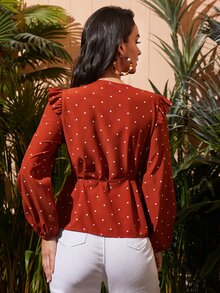 SHEIN 波點圖案側打結荷葉邊上衣 - 紅色 - 查看 2