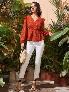 SHEIN 波點圖案側打結荷葉邊上衣 - 紅色 - 查看 3