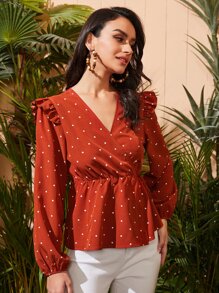 SHEIN 波點圖案側打結荷葉邊上衣 - 紅色 - 查看 4