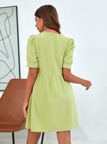 素色泡泡袖娃娃裙 - 青檸色 - 查看 2