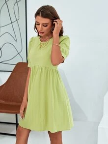 素色泡泡袖娃娃裙 - 青檸色 - 查看 3