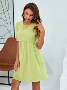 素色泡泡袖娃娃裙 - 青檸色 - 查看 4