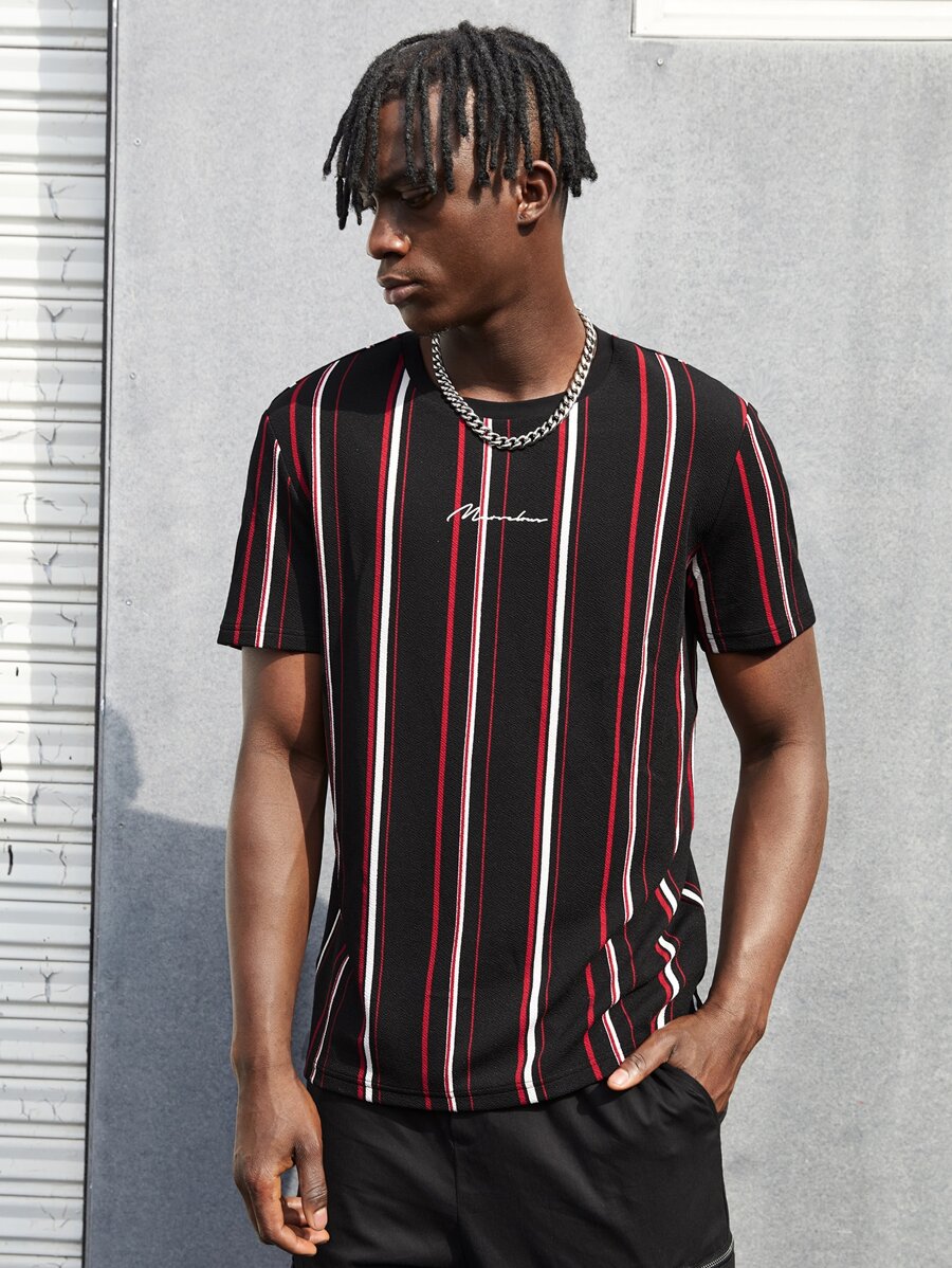 Manfinity VCAY Men Letter Graphic Striped Short Sleeve Tee, Funny, Boyfriend Gift, For Going Out, Summer - Red - View 1