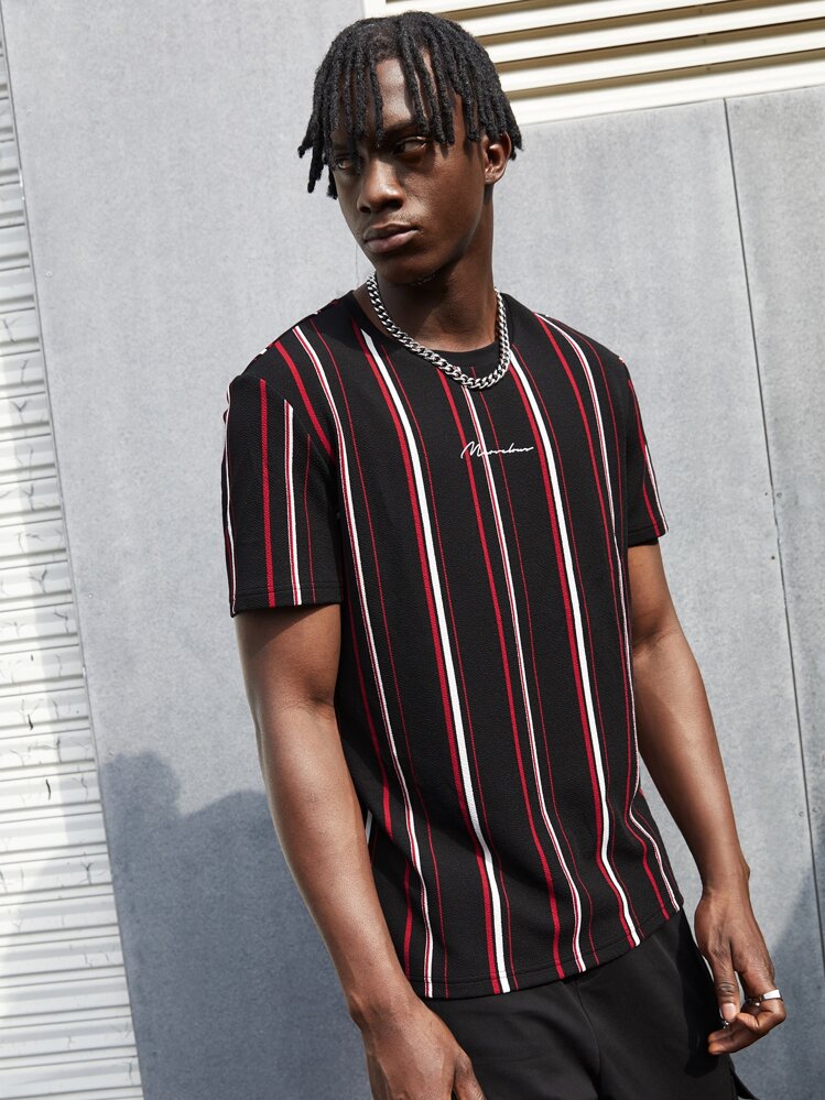 Manfinity VCAY Men Letter Graphic Striped Short Sleeve Tee, Funny, Boyfriend Gift, For Going Out, Summer - Red - View 3