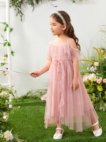 Niñitas Vestido ribete con fruncido de hombros descubiertos de malla - Rosa Pálido - Ver 3