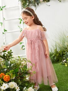Niñitas Vestido ribete con fruncido de hombros descubiertos de malla - Rosa Pálido - Ver 5