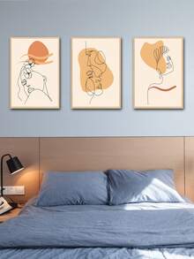 3 Panels Abstract People Artwork Without Frame, Modern Minimalist Polyester Fibers Line & Blocks Orange Black Flowers Plants Rectangle Wall Decor For Living Room, Bedroom, Study, Dressing Room, Home - Multicolor - View 4