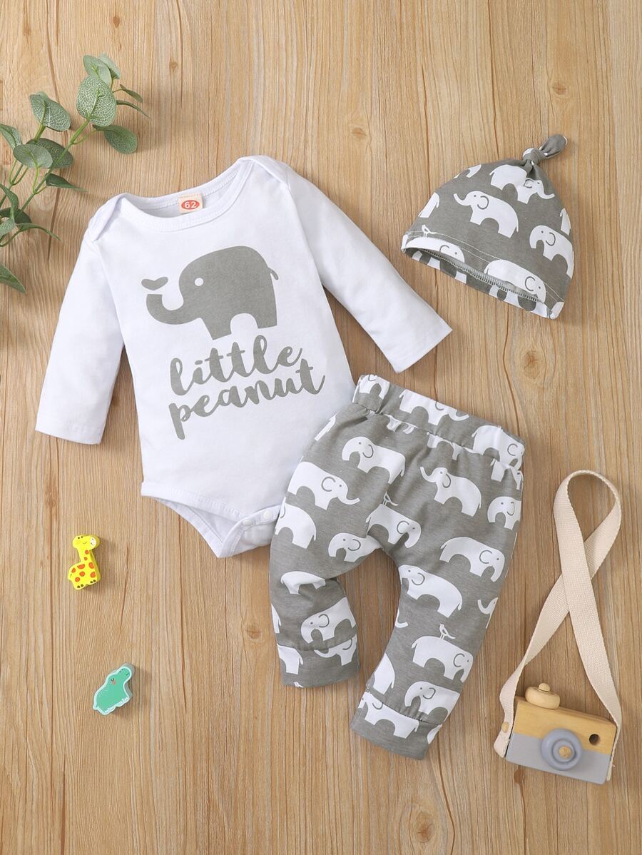 男嬰字母和大象印花連體衣和運動褲附帽子 - 彩色 - 查看 1