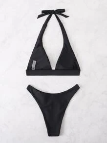 Solid Clear Strap High Cut Bikini - Black - View 2