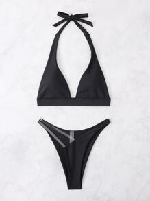 Solid Clear Strap High Cut Bikini - Black - View 4