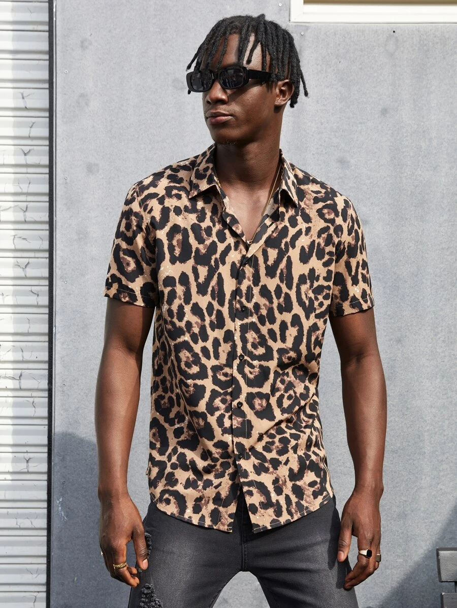 Manfinity RebelGame Áo sơ mi Nam Nút phía trước Báo Đường phố - Nhiều màu - Xem 1