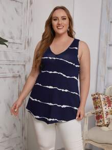 EMERY ROSE Plus V-neck Tie Dye Top - Navy Blue - View 1