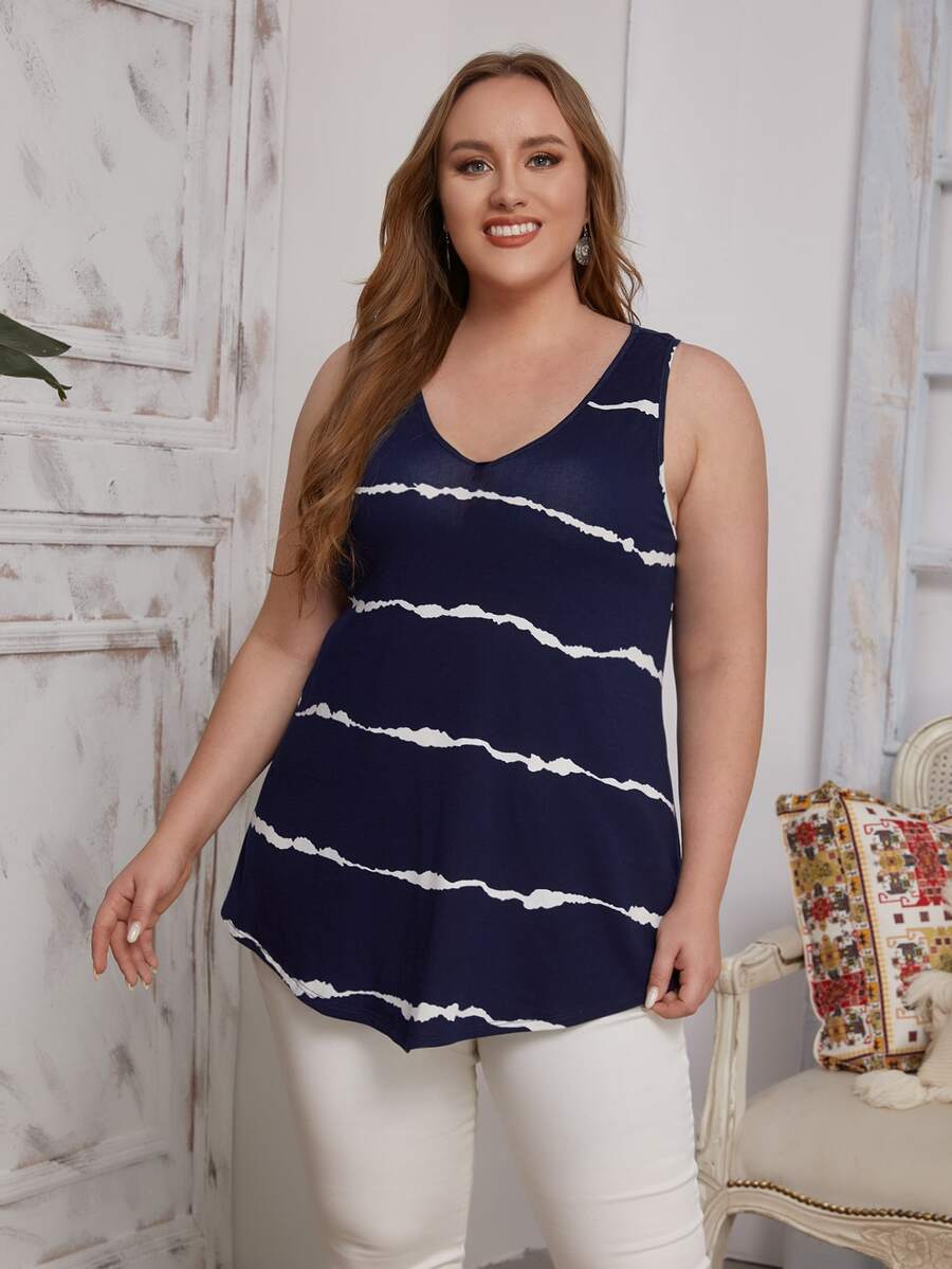 EMERY ROSE Plus V-neck Tie Dye Top - Navy Blue - View 1