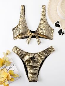 Snakeskin Print Knot Front Bikini - Gold - View 3