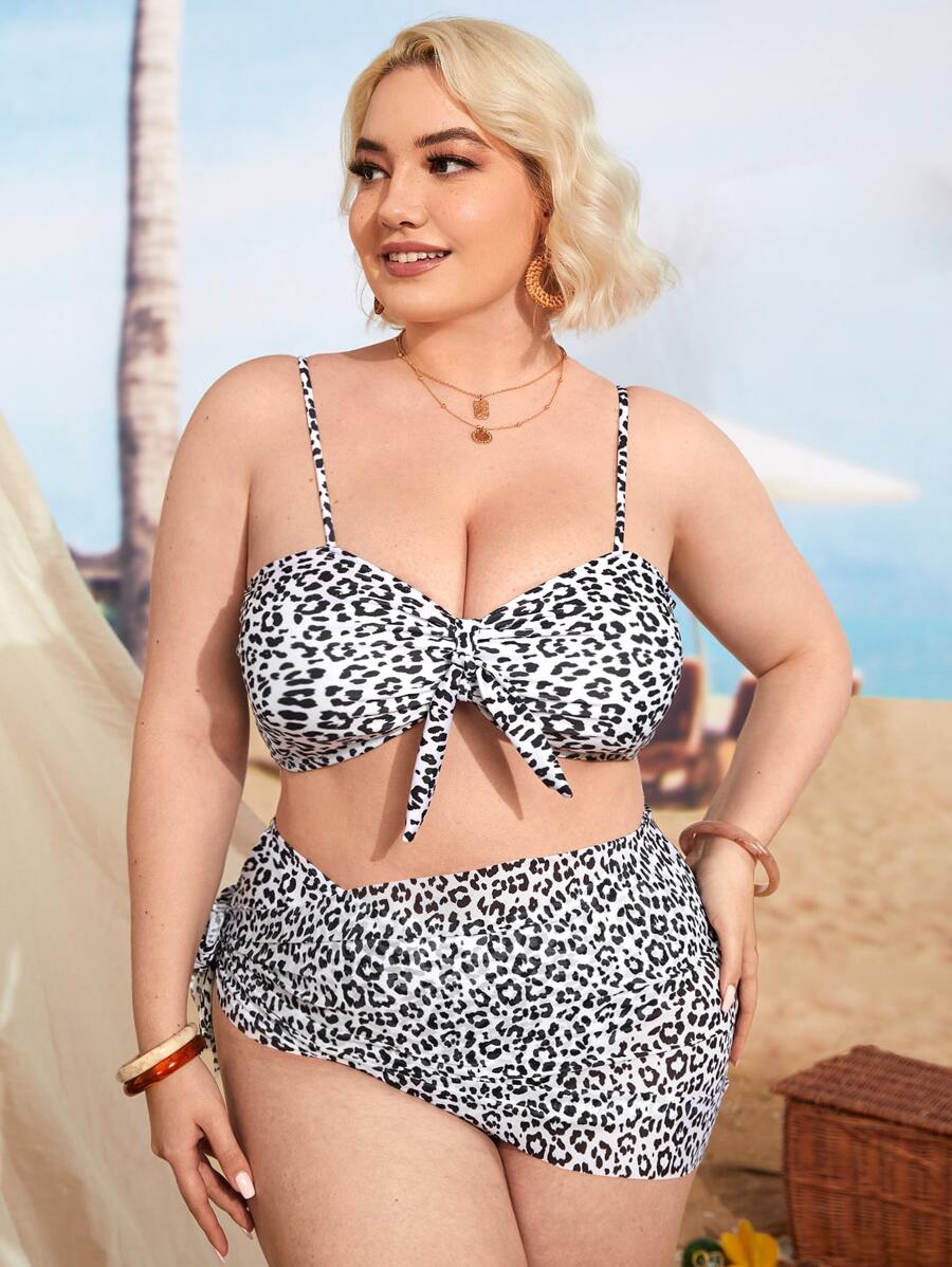 大码 3 件装豹纹前结比基尼套装和沙滩裙夏季海滩 - 黑與白 - 查看 1