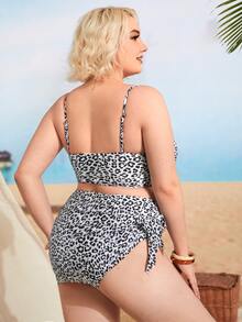 大码 3 件装豹纹前结比基尼套装和沙滩裙夏季海滩 - 黑與白 - 查看 2