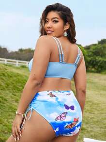 Plus Size Tie Dye Butterfly Print Bikini Set Summer Beach - Blue - View 2