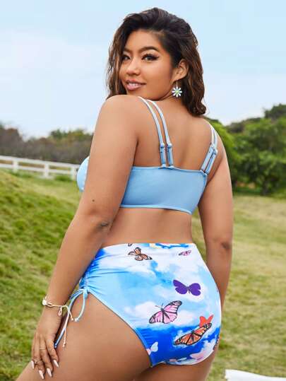 Conjunto de bikini de talla grande con estampado de mariposa teñido y ideal para verano en la playa