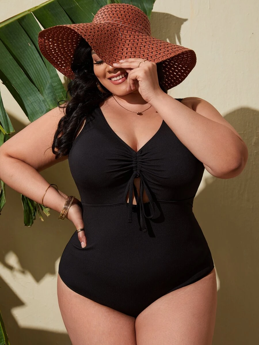 SHEIN Swim Curve 加大码罗纹前系带连体泳衣 夏季 - 黑色 - 查看 1
