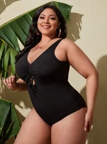 SHEIN Swim Curve 加大码罗纹前系带连体泳衣 夏季 - 黑色 - 查看 3