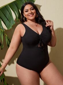 SHEIN Swim Curve 加大码罗纹前系带连体泳衣 夏季 - 黑色 - 查看 4