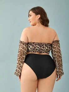 Plus Size Leopard Lettuce Trim Off The Shoulder Bikini Set With Long Sleeve Summer Beach - Multicolor - View 2