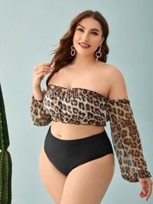 Plus Size Leopard Lettuce Trim Off The Shoulder Bikini Set With Long Sleeve Summer Beach - Multicolor - View 4