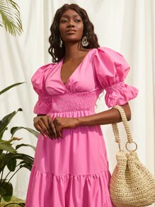 SHEINNeu Flounce Sleeve Shirred Dress - Pink - View 3